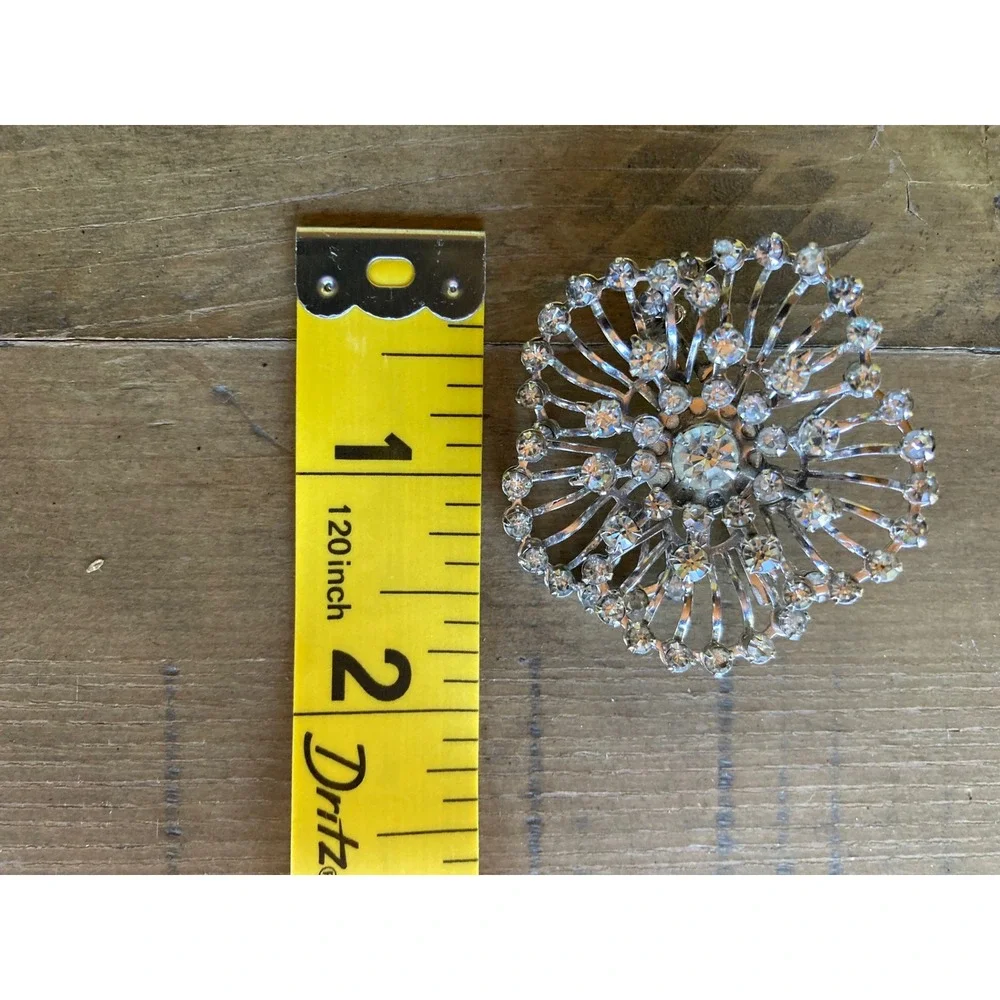 Vintage Silver Tone Rhinestone Sunburst Brooch Pin Clear Crystal Starburst 1.75
